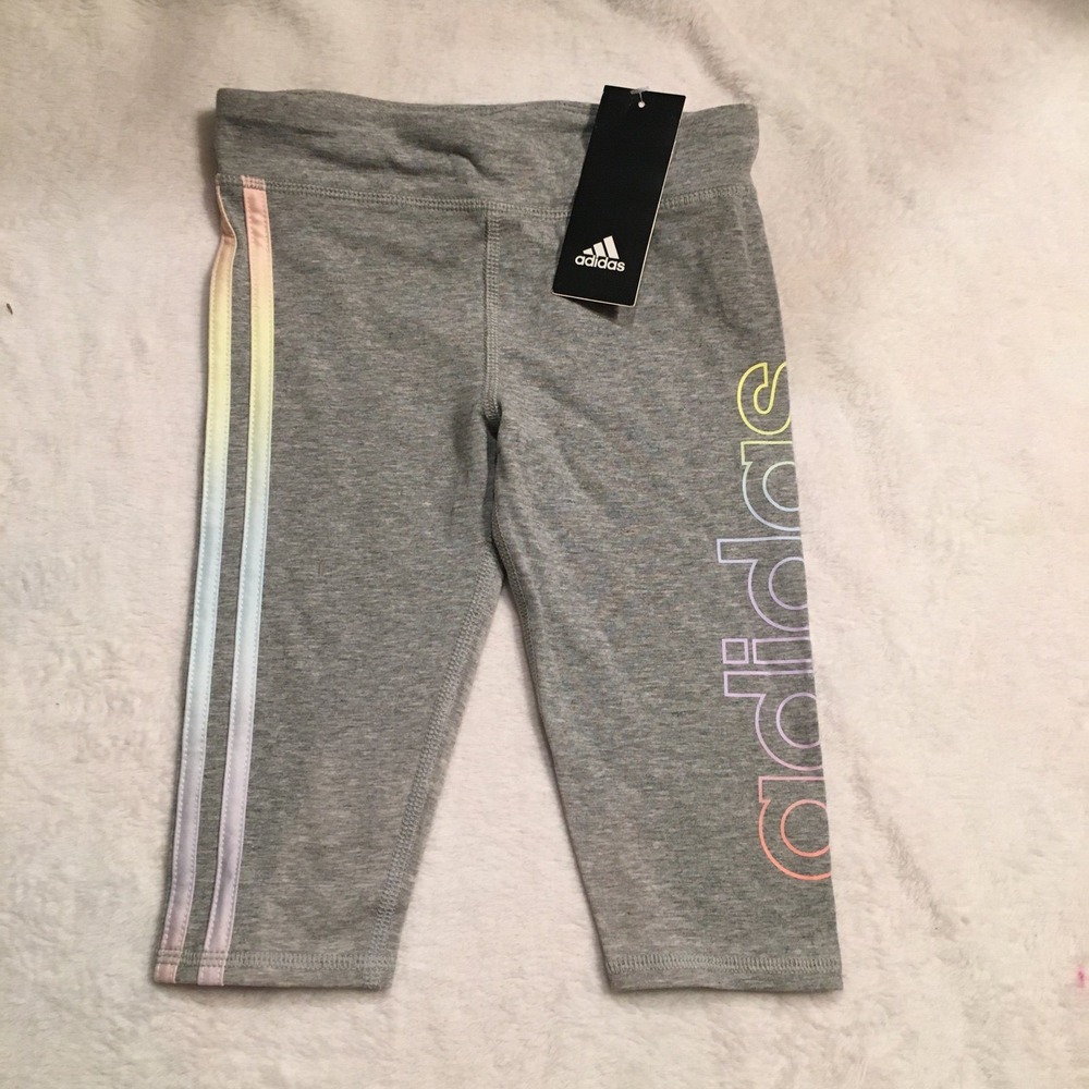 Adidas Leggings Kids Size 4 Gray New Rainbow Logo Pastel Stripe Capri Pants